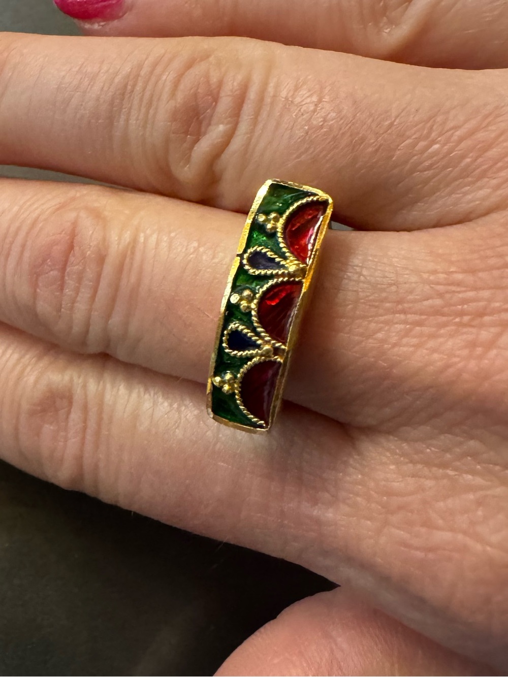22 K solid Gold  Green and Red Enamel Wide Band Ring - Women's Jewelry